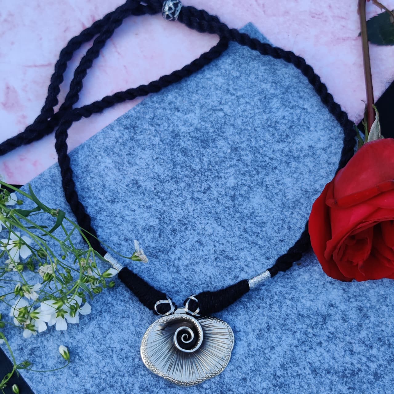 Elegant Handcrafted Silver Pendant with Black Thread Necklace