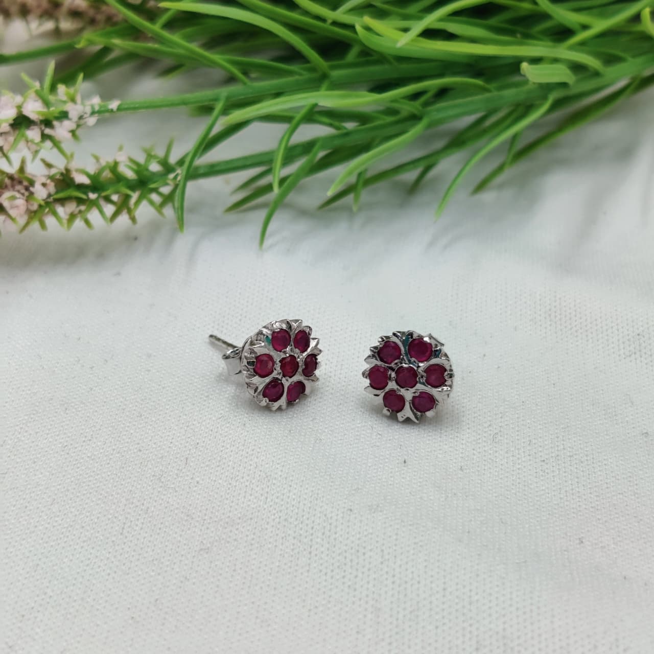Natural Ruby Floral Stud Earrings