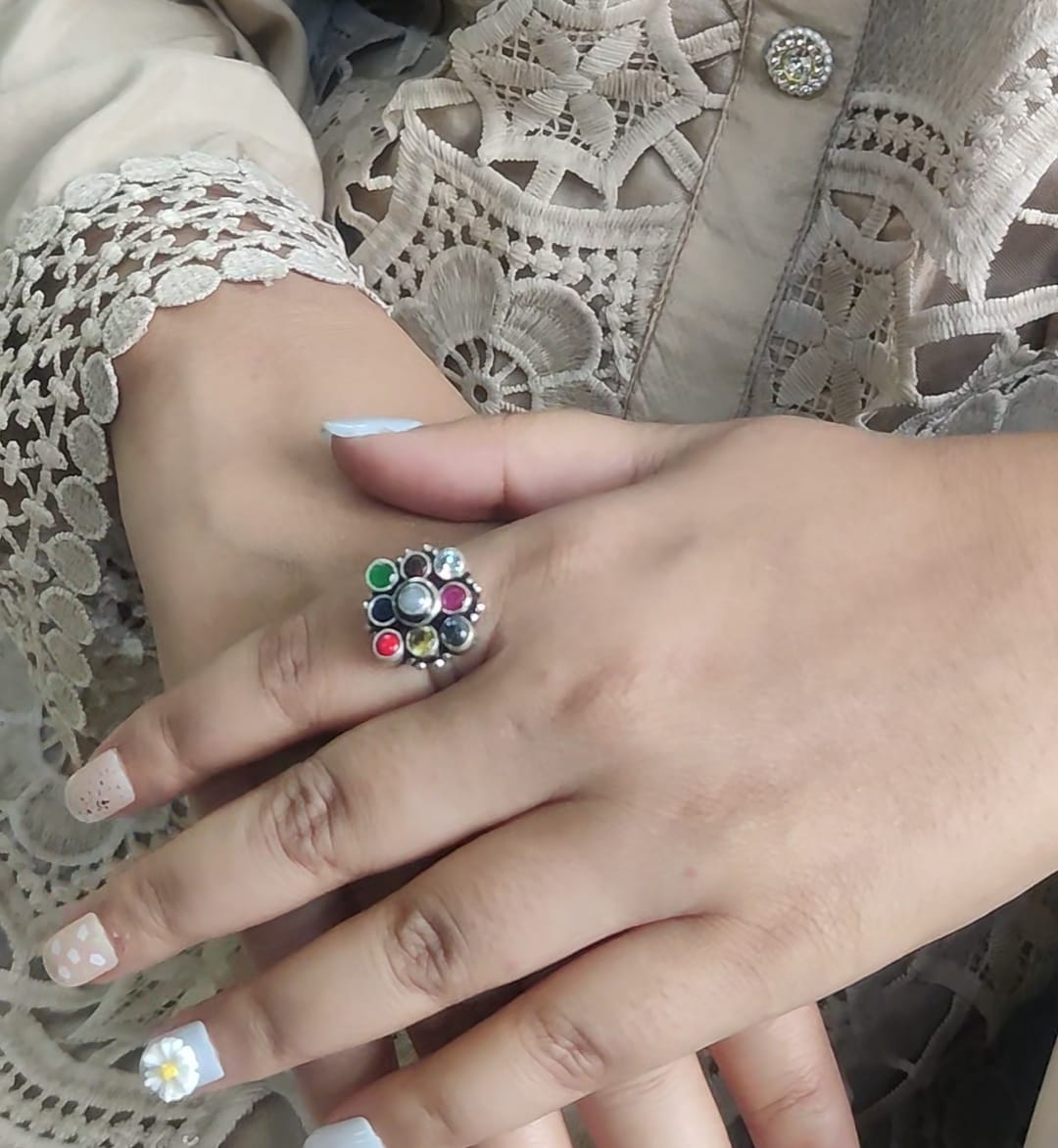 Navratna Gemstone Ring in pure silver,