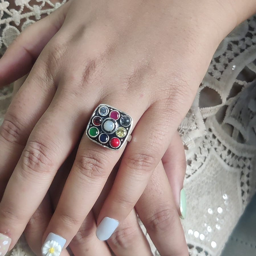 Navratna Gemstone Ring in pure silve