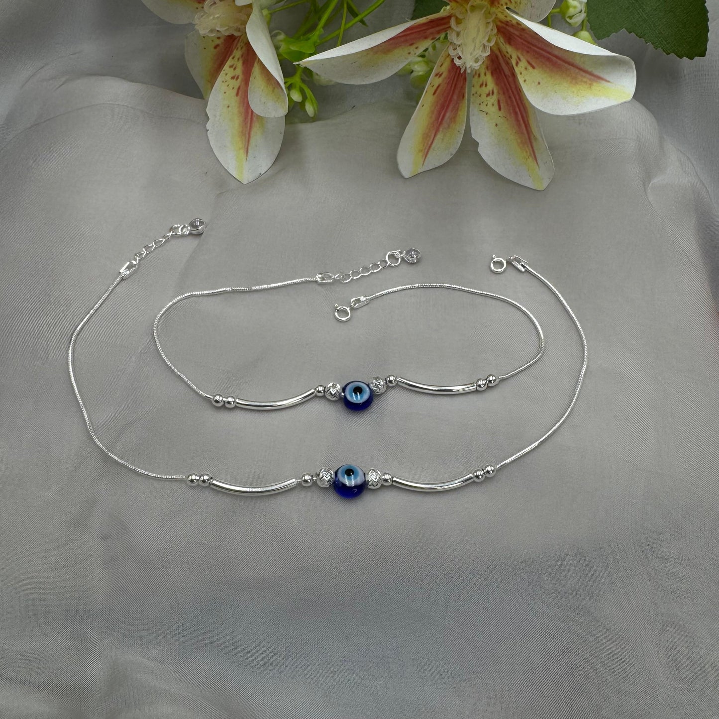 Handcrafted Evil Eye Silver Anklet – Modern Design