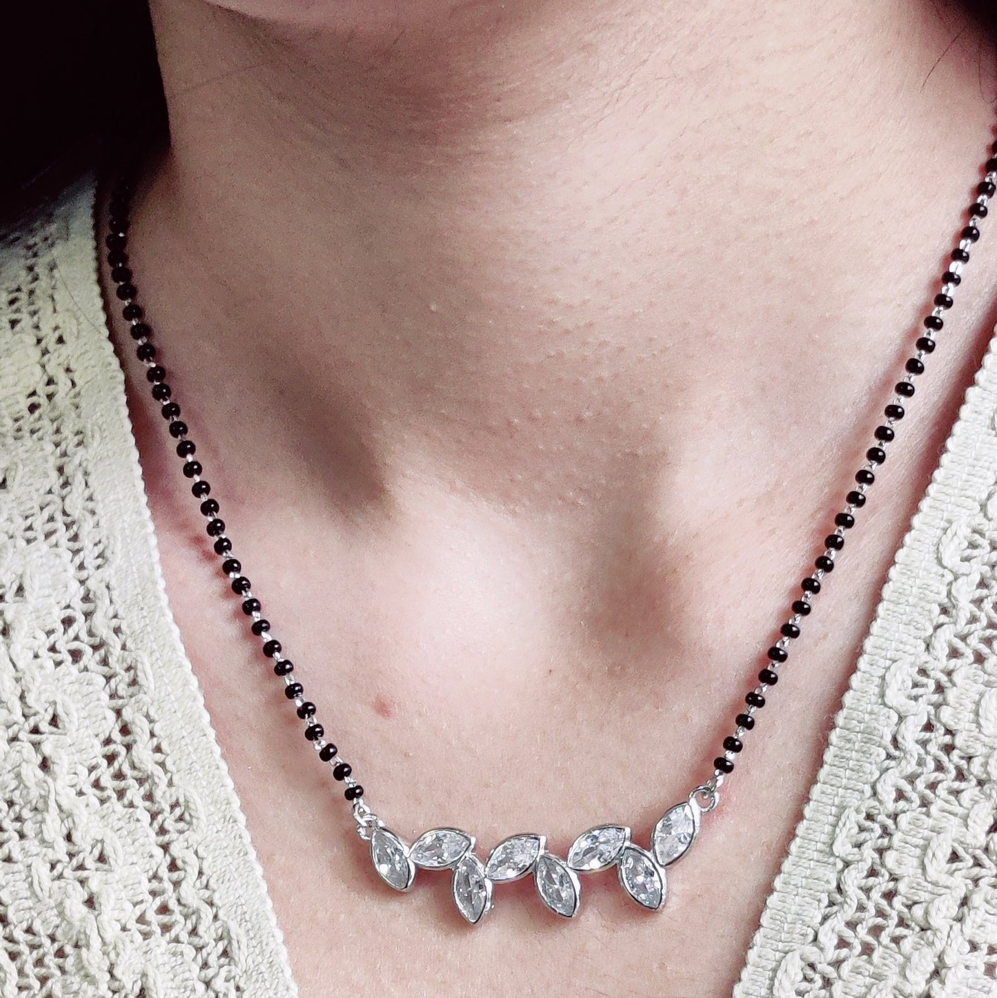 CZ stones leaf motif pendant with mangalsutra chain