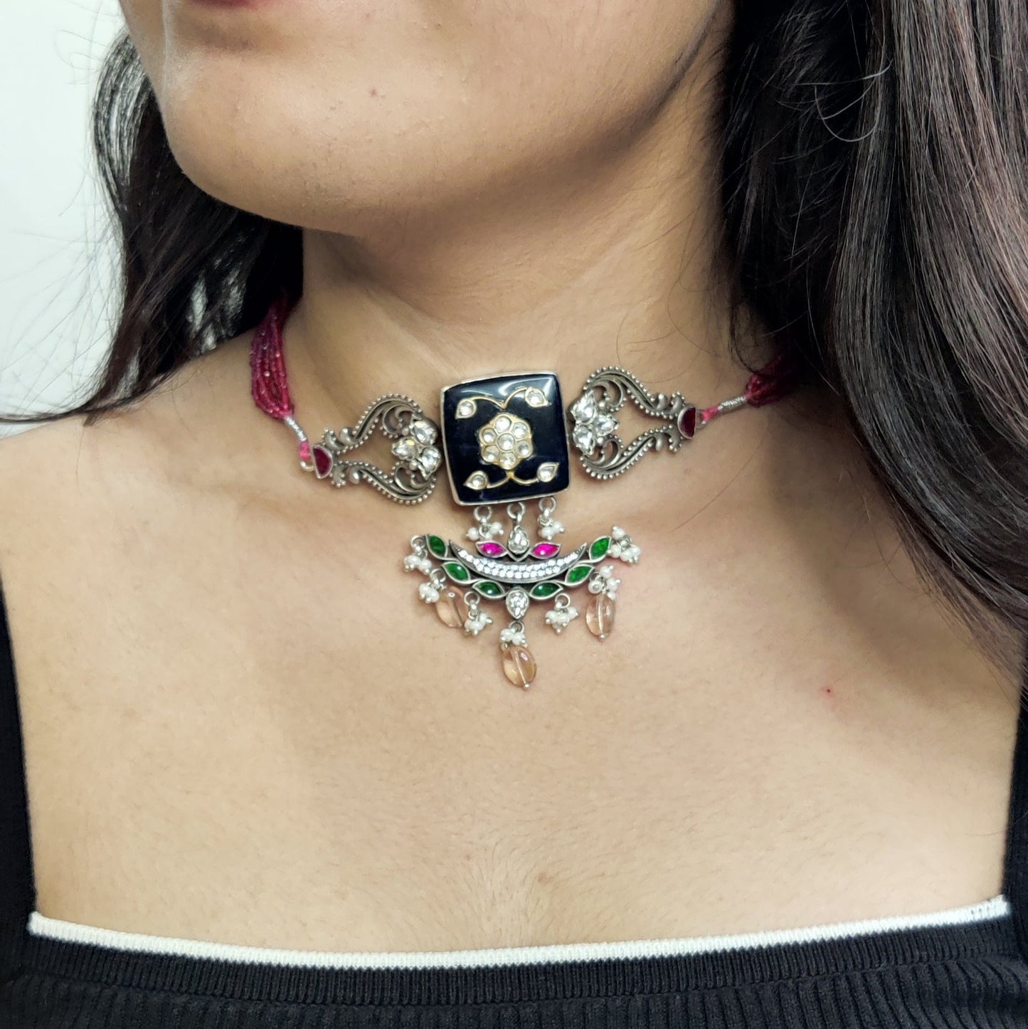 Black Jadau black onyx gemstone designer necklace - Pure Silver