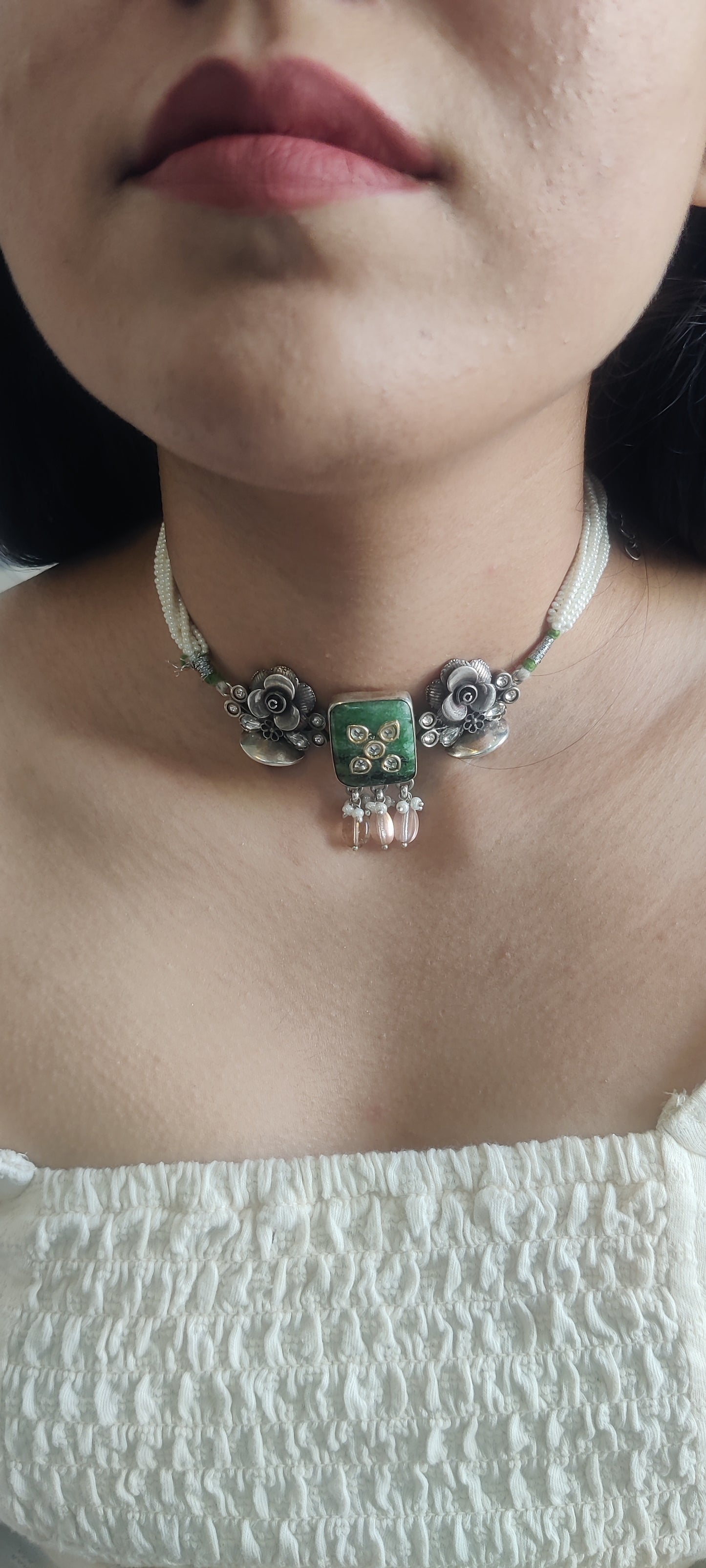Green Aventurine Jadau Necklace – Pure Silver Floral Design