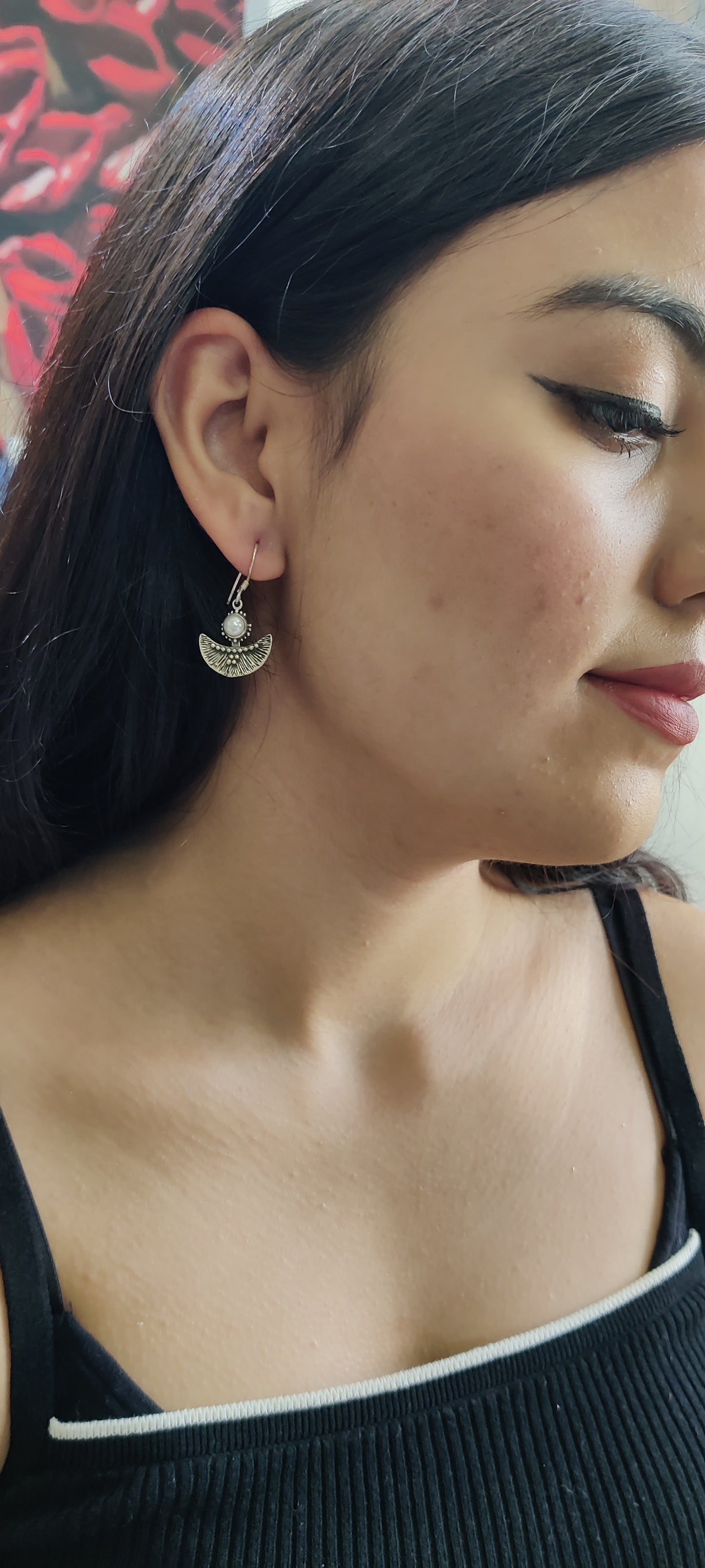Crescent Moon Earrings with Rawa Work & Mother of Pearl – 92.5 Silver