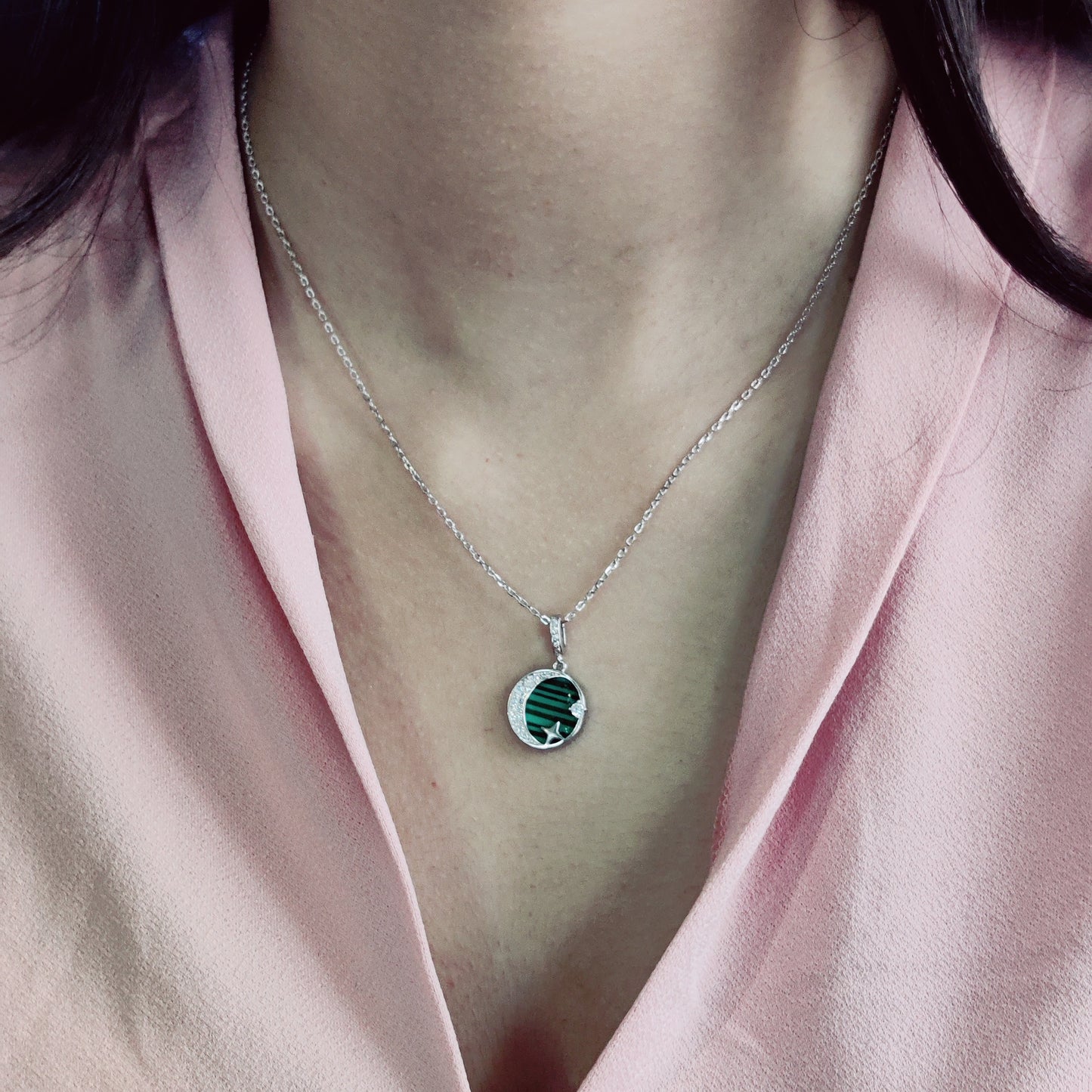 Moon & star Green CZ Chain Pendant