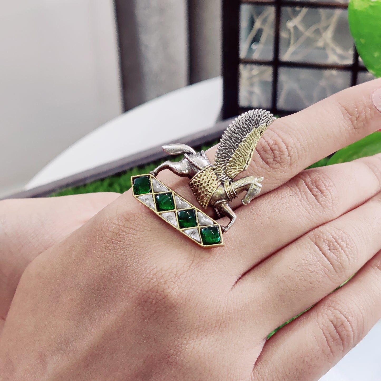 Ashva Kundan Fusion Ring in pure silver