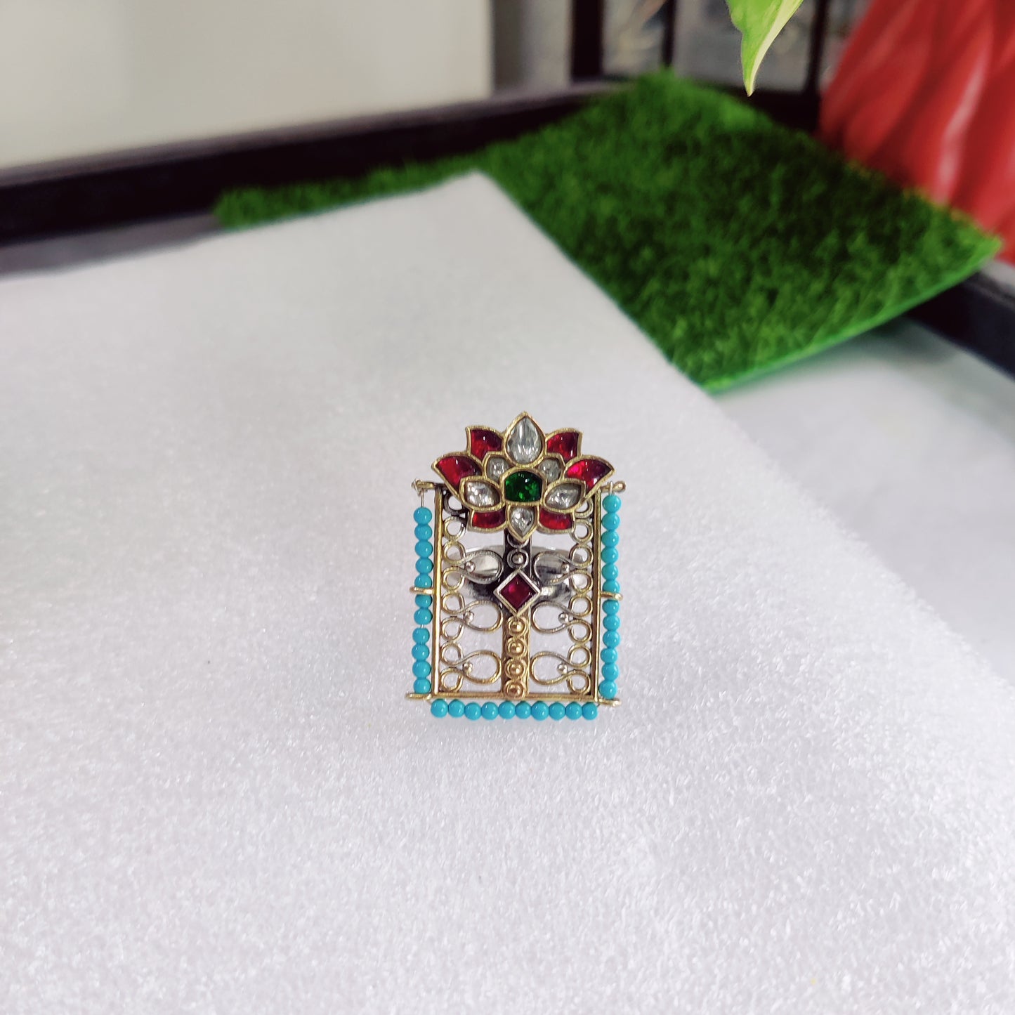 Turquoise Beads & Kundan Fusion Ring
