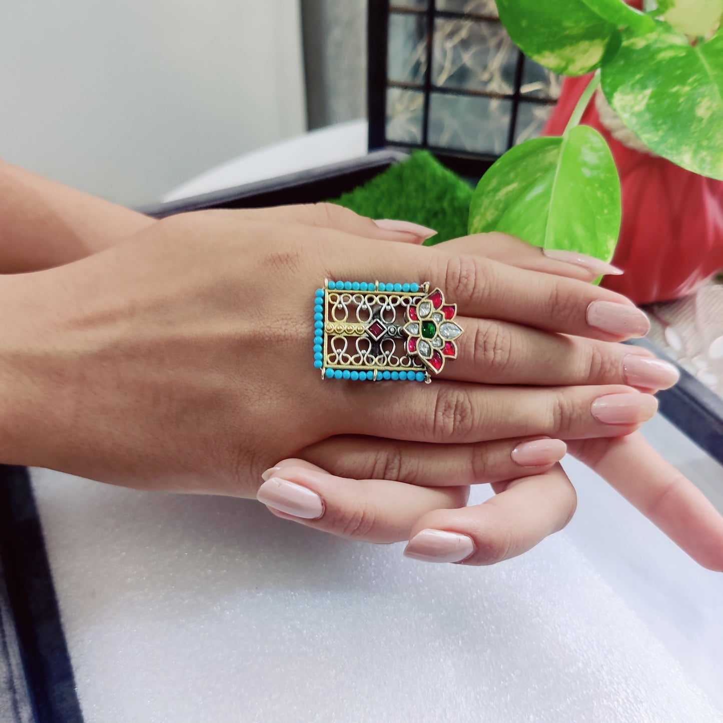 Turquoise Beads & Kundan Fusion Ring