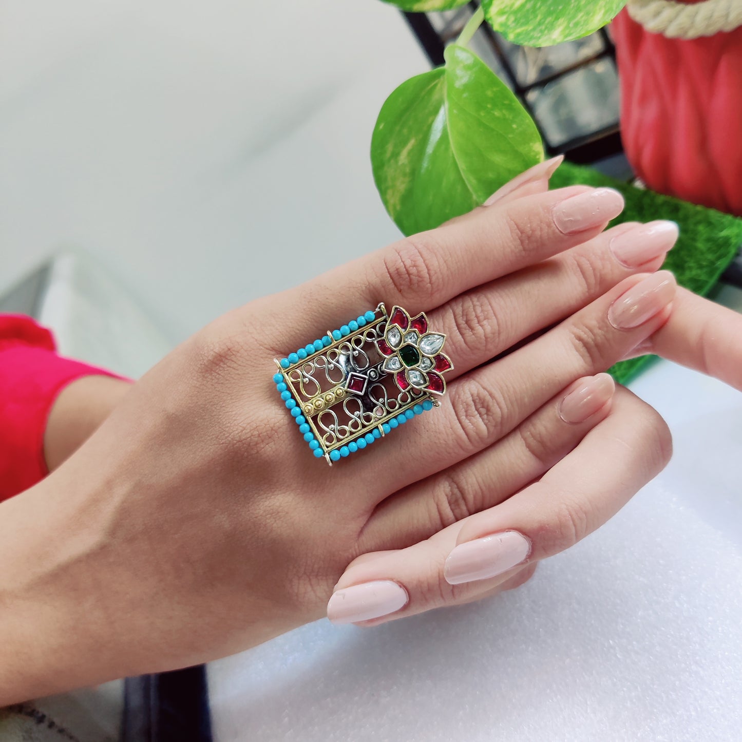 Turquoise Beads & Kundan Fusion Ring