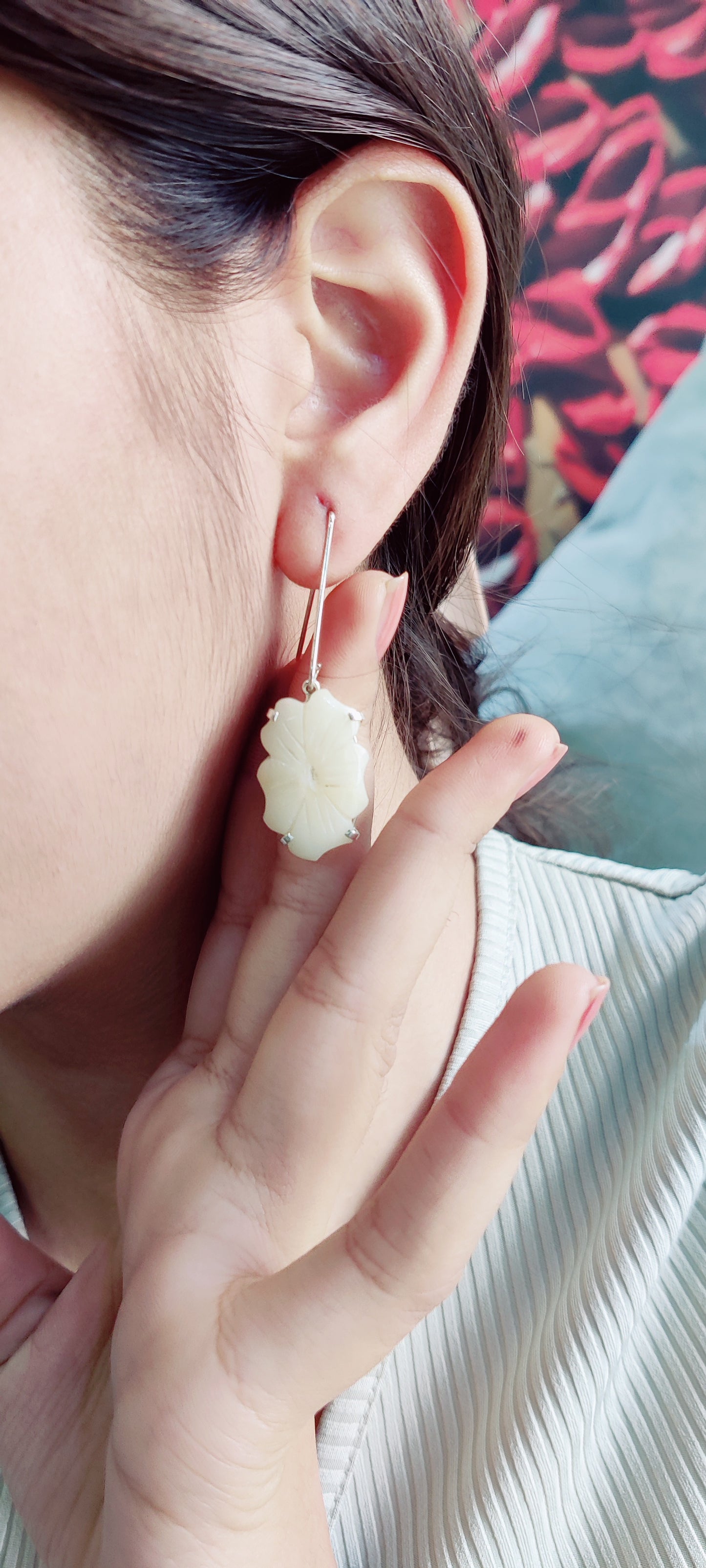 Ivory Jade Carved Gem stone Earrings