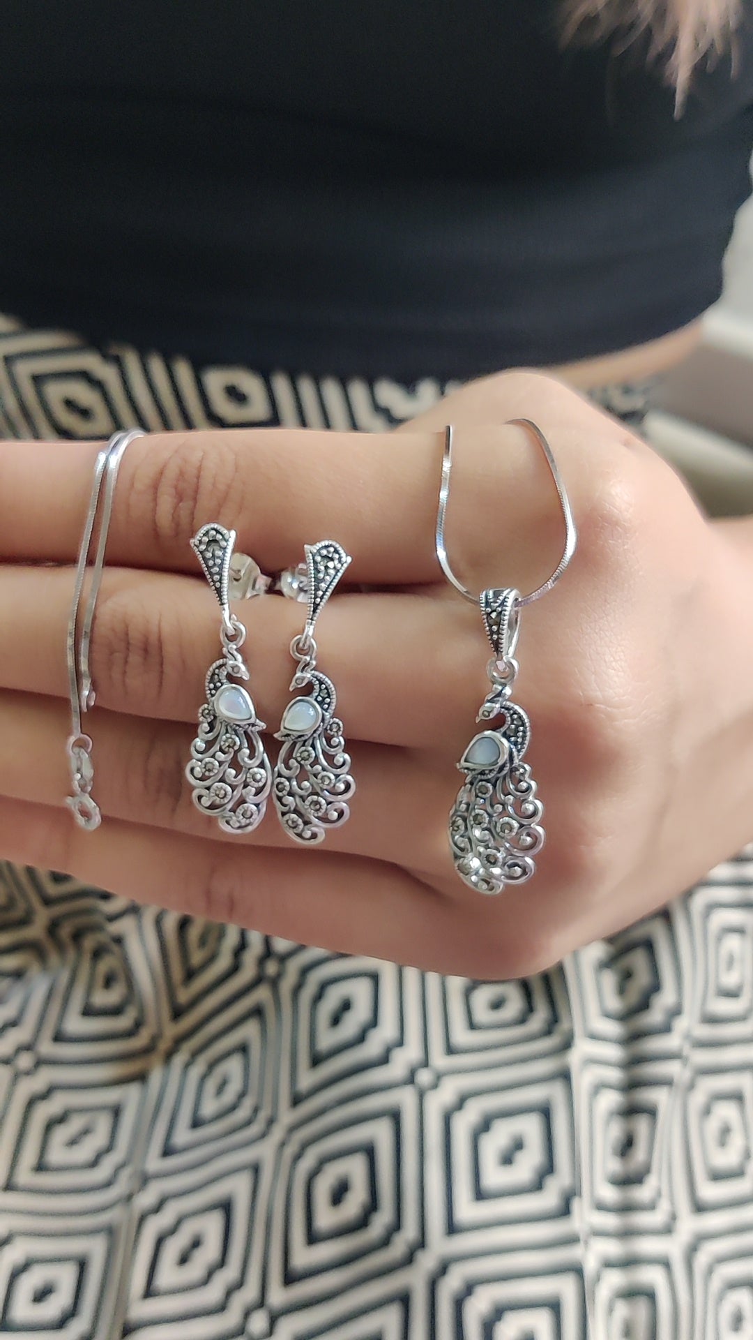 Marcasite & Moonstone Peacock Pendant Set