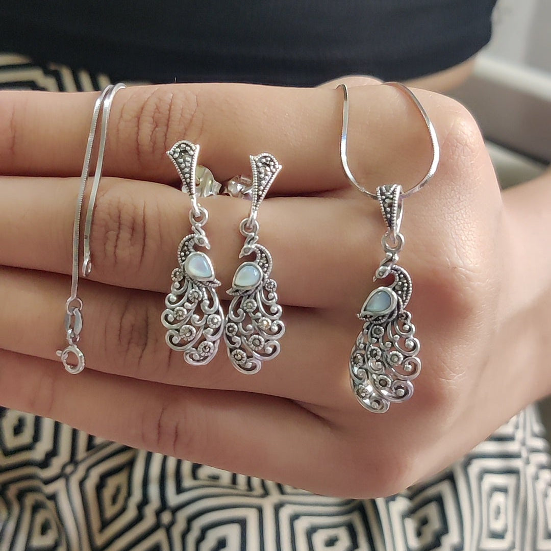 Marcasite & Moonstone Peacock Pendant Set