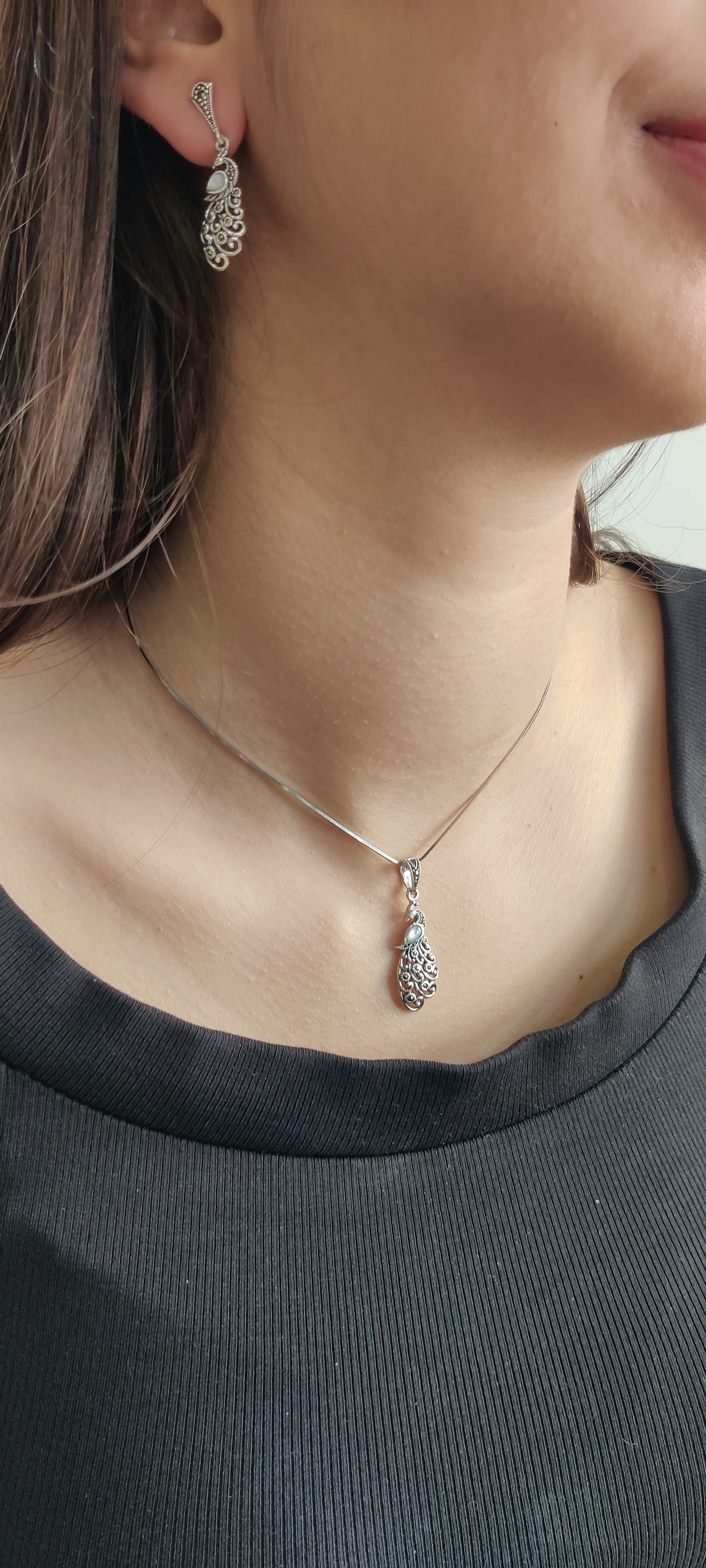 Marcasite & Moonstone Peacock Pendant Set