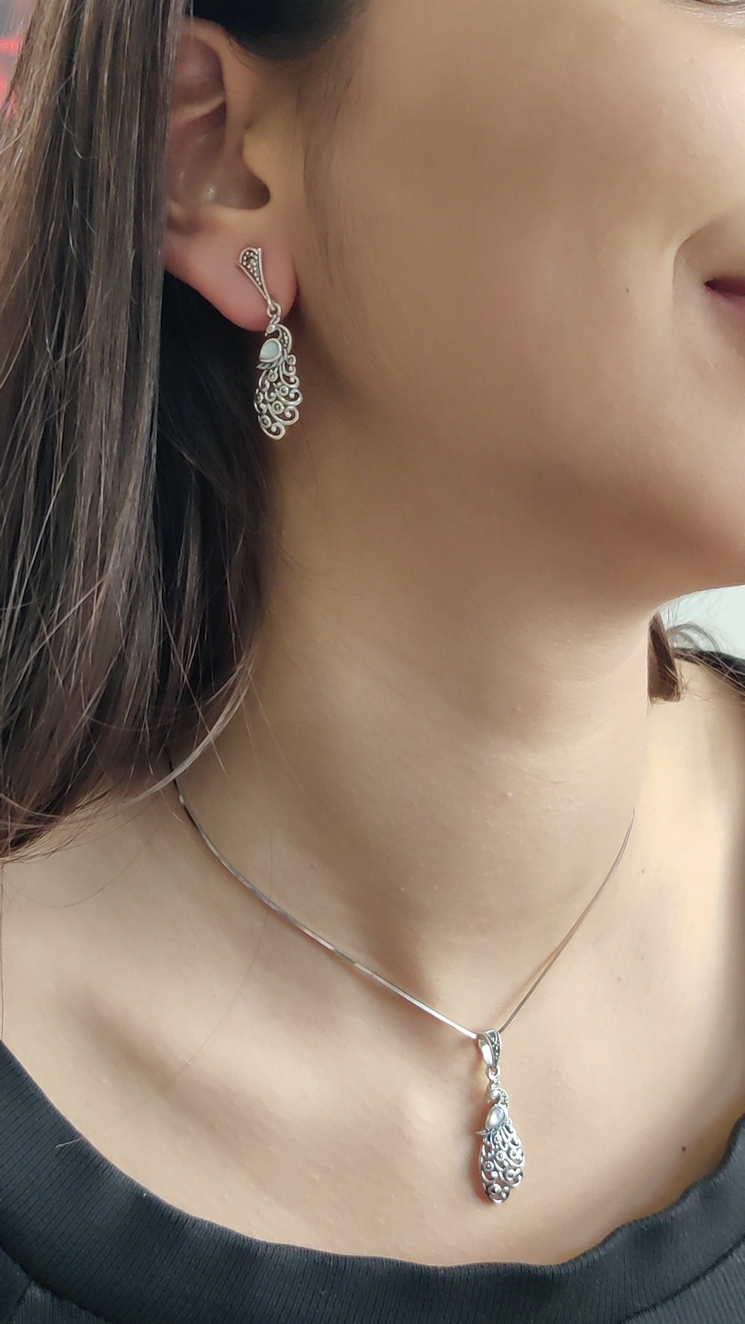 Marcasite & Moonstone Peacock Pendant Set