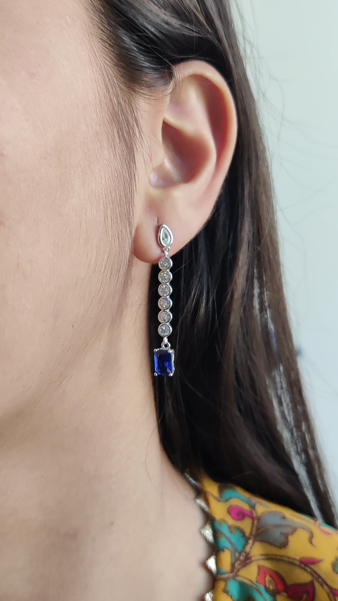CZ Round with Blue Sapphire Earrings – Dangler Style