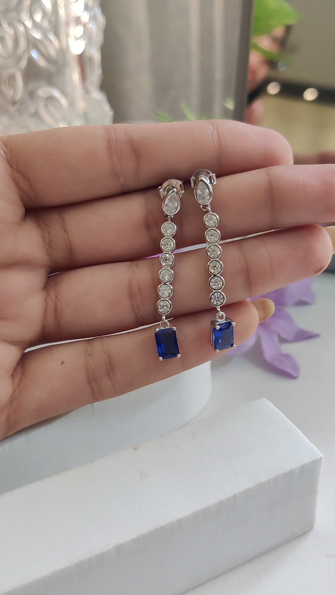 CZ Round with Blue Sapphire Earrings – Dangler Style