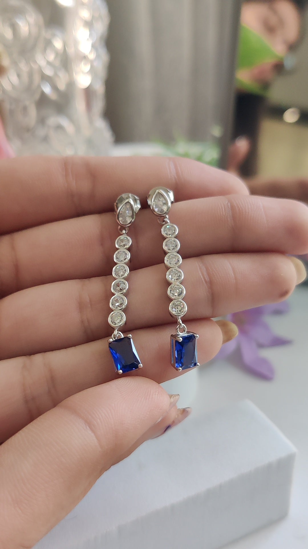 CZ Round with Blue Sapphire Earrings – Dangler Style