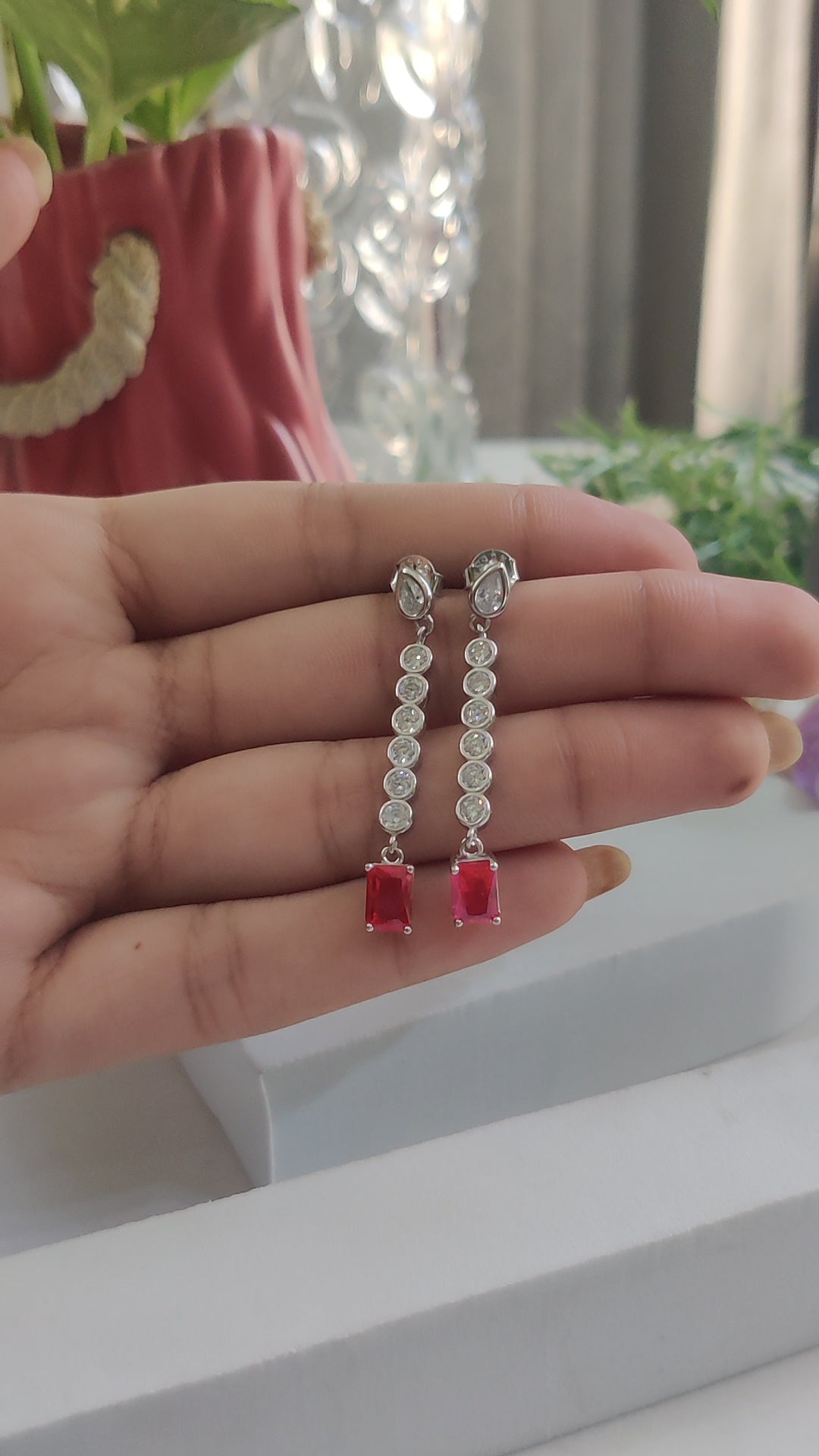 CZ Round with Ruby Drop Earrings – Dangler Style