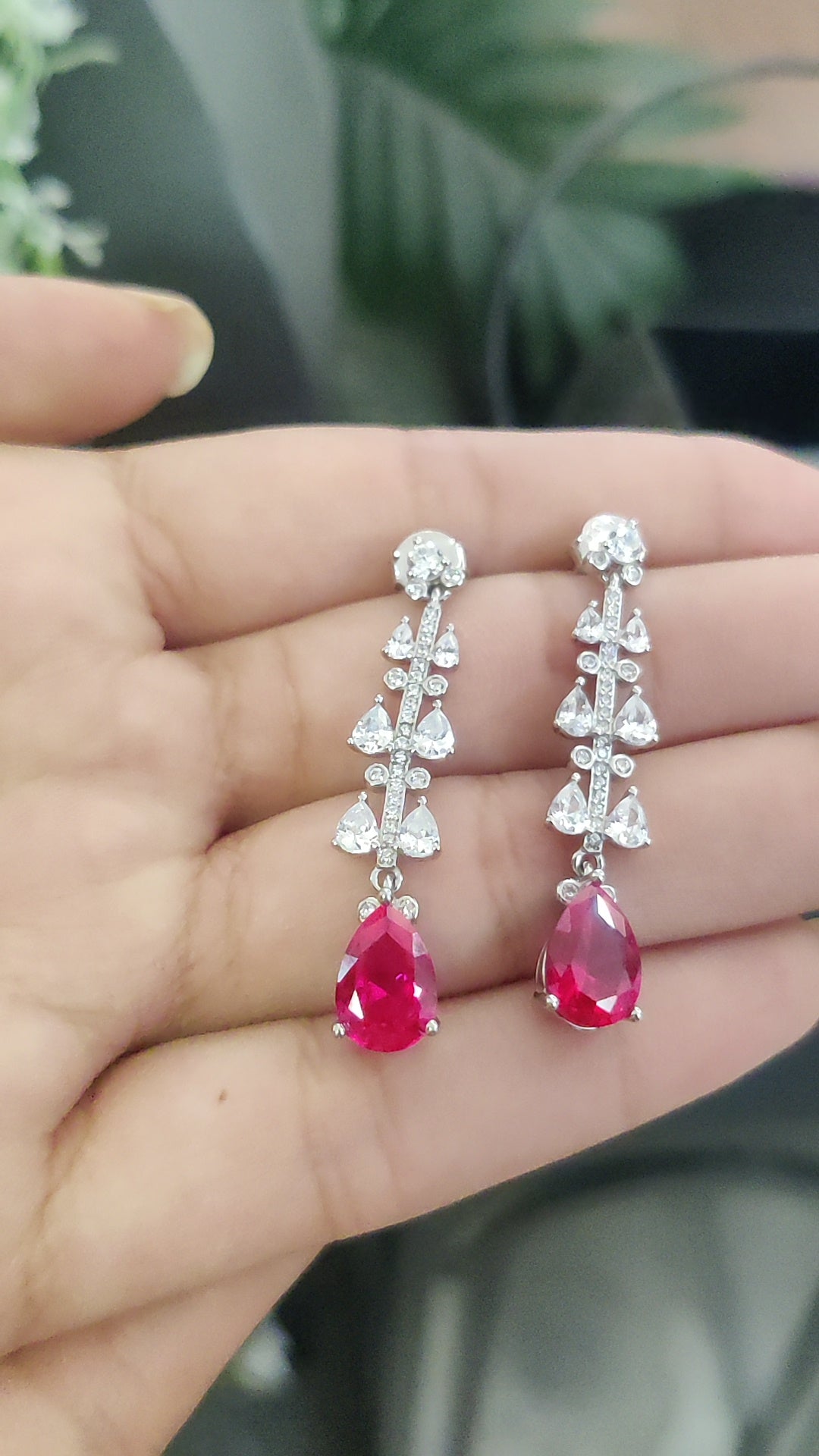 CZ White and Ruby Stone Danglers – Pure Silver, Rhodium Plated