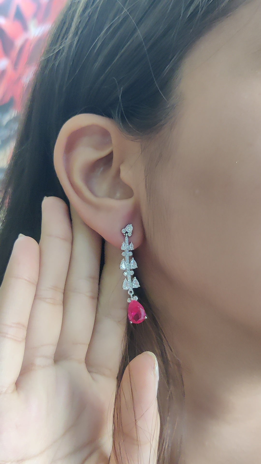 CZ White and Ruby Stone Danglers – Pure Silver, Rhodium Plated
