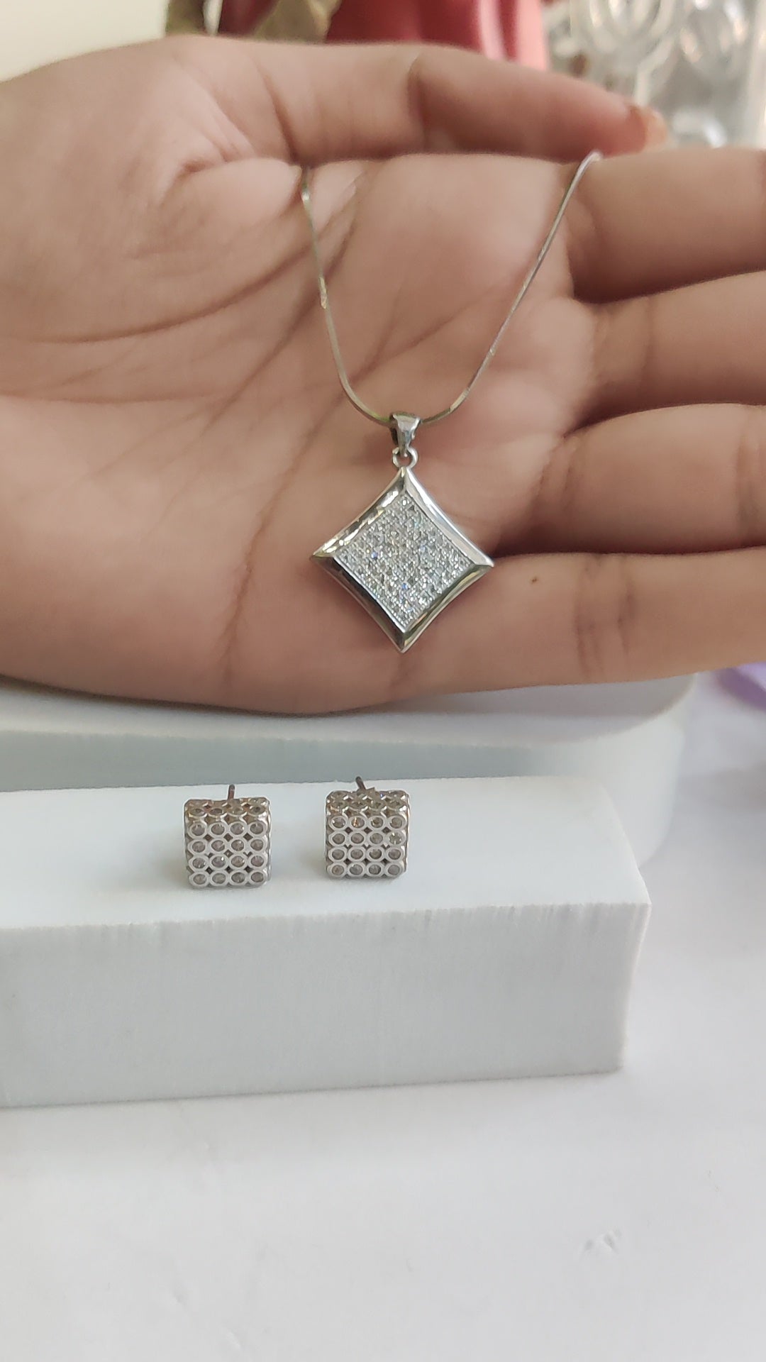 CZ Stone Diamond-Shaped Pendant with Earrings