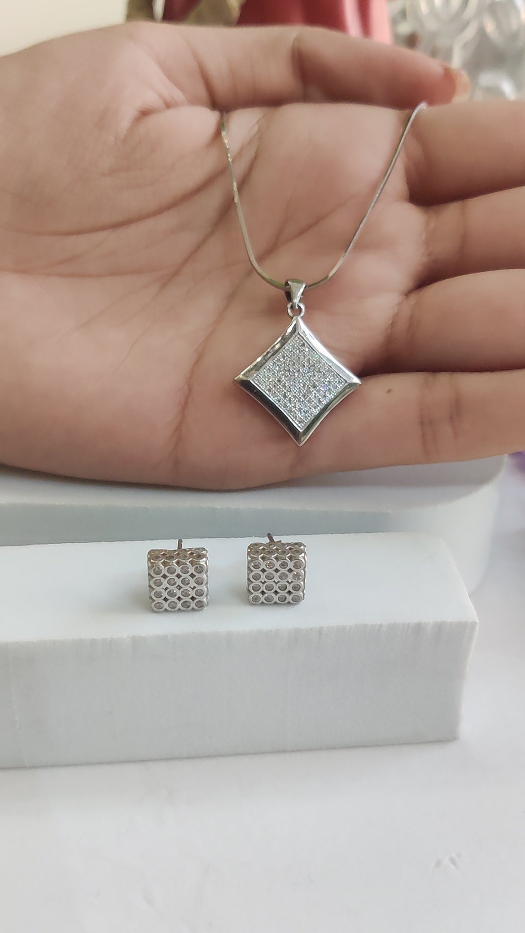 CZ Stone Diamond-Shaped Pendant with Earrings