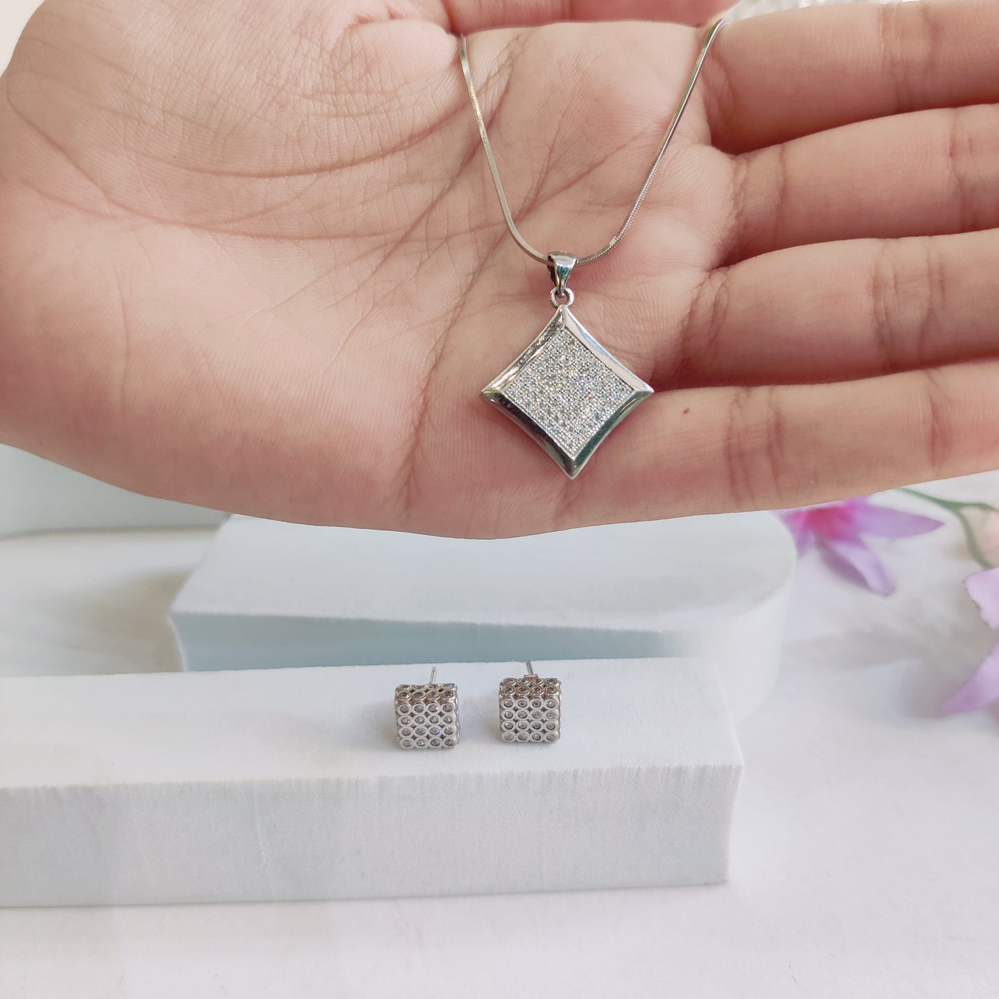 CZ Stone Diamond-Shaped Pendant with Earrings