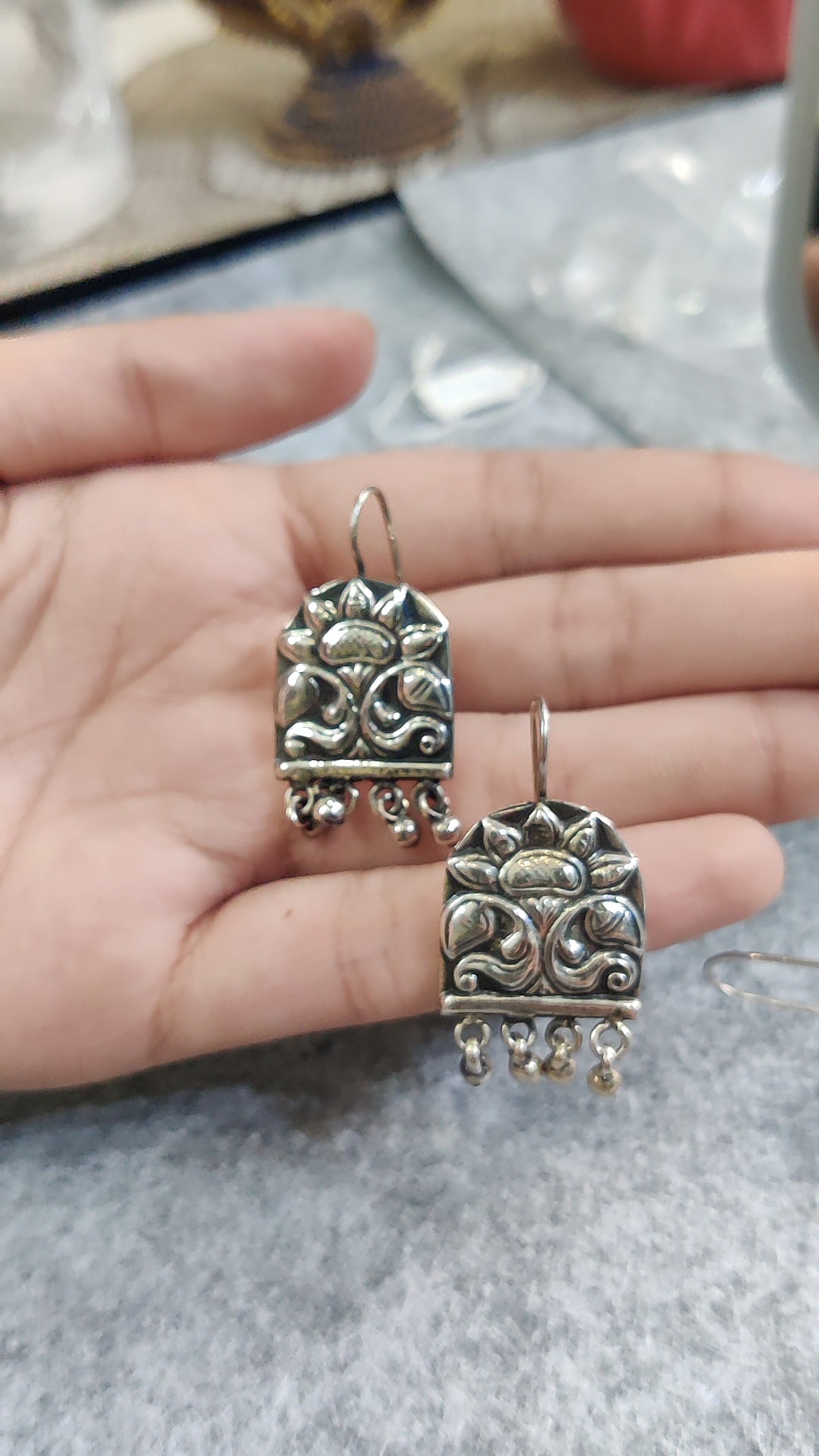 Noor Jahan: Mughal Carved Oxidized Silver Hook Earrings