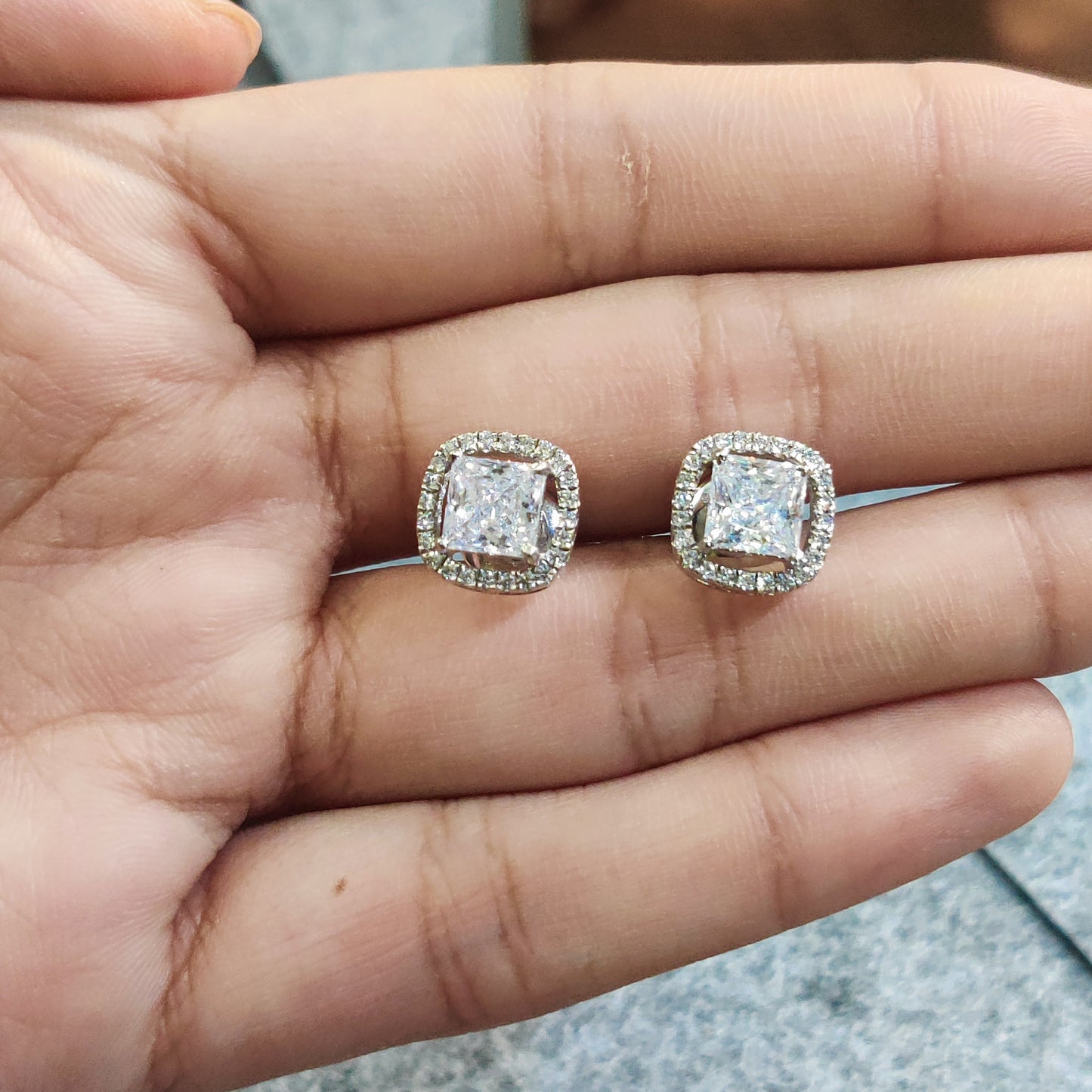 Celeste Square: CZ Diamond Halo Stud Earrings