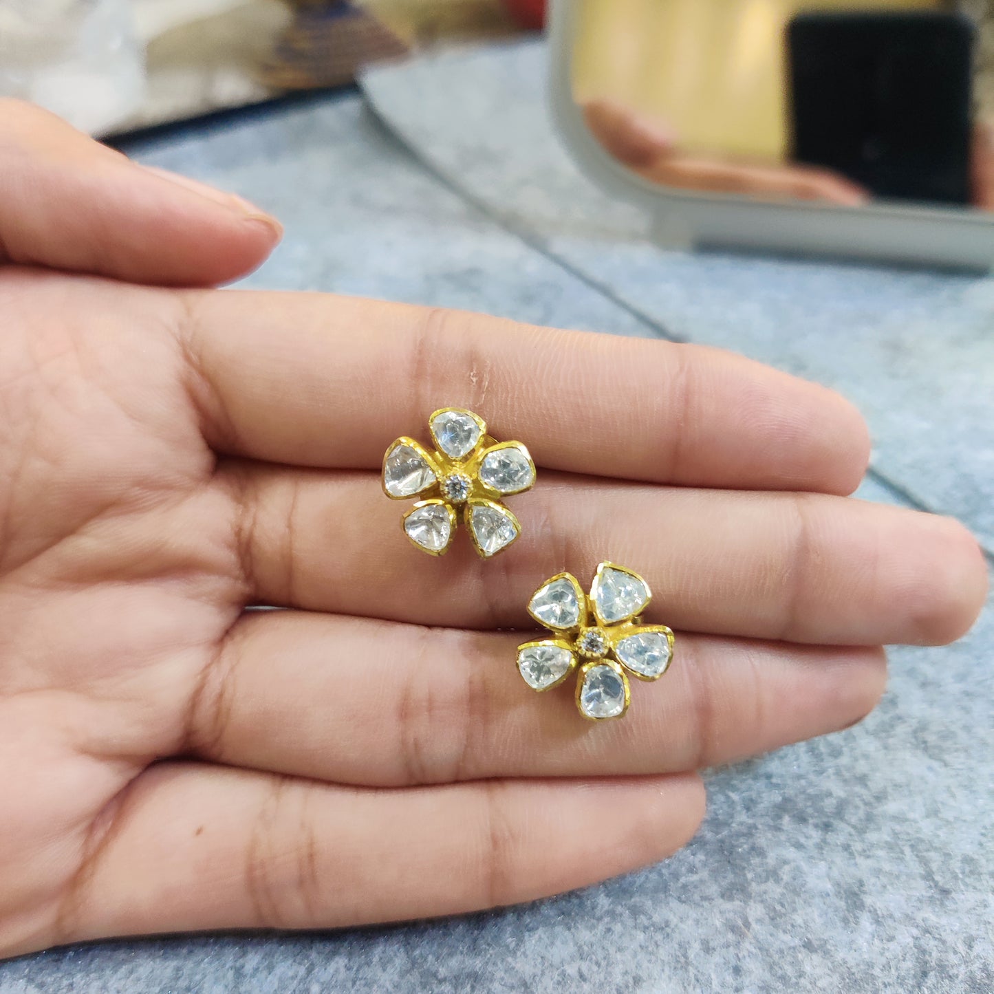 Moissanite Polki Leaf & Flower Stud Earrings