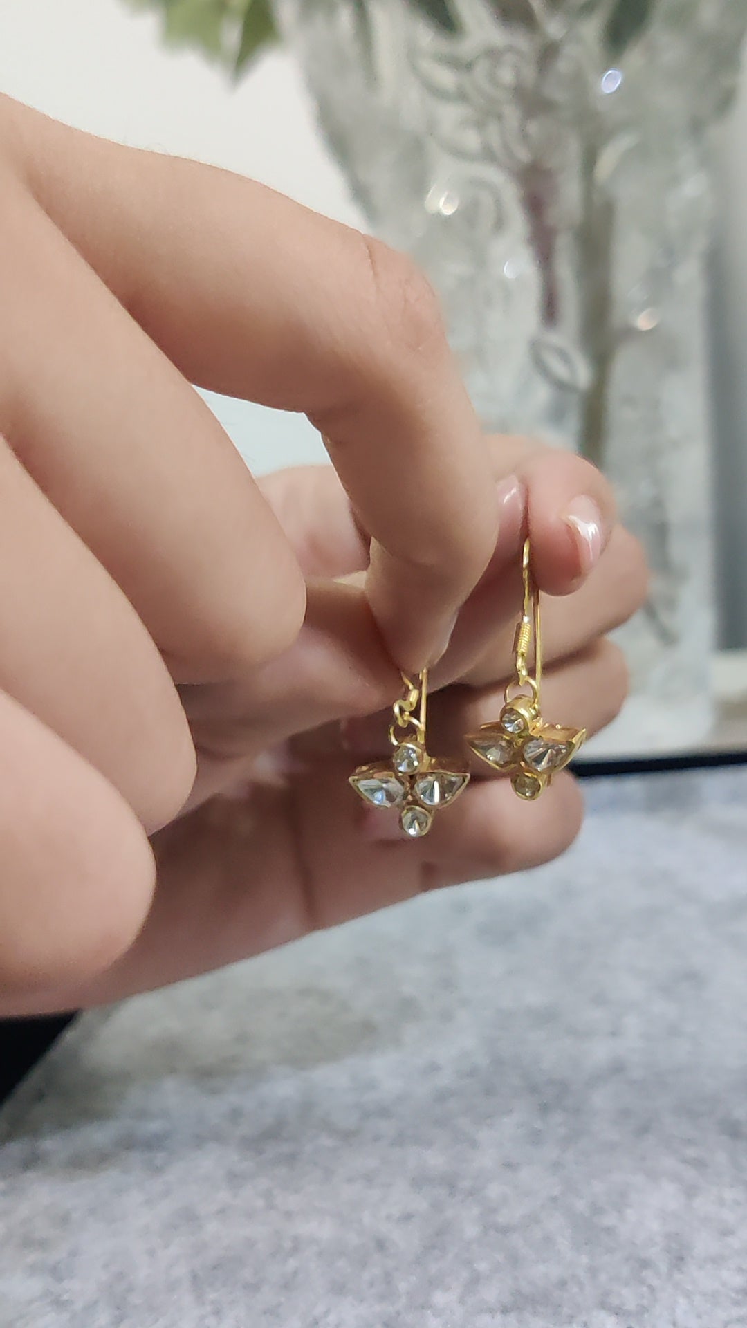 Moissanite Polki Leaf Motif Fish Hook Earrings