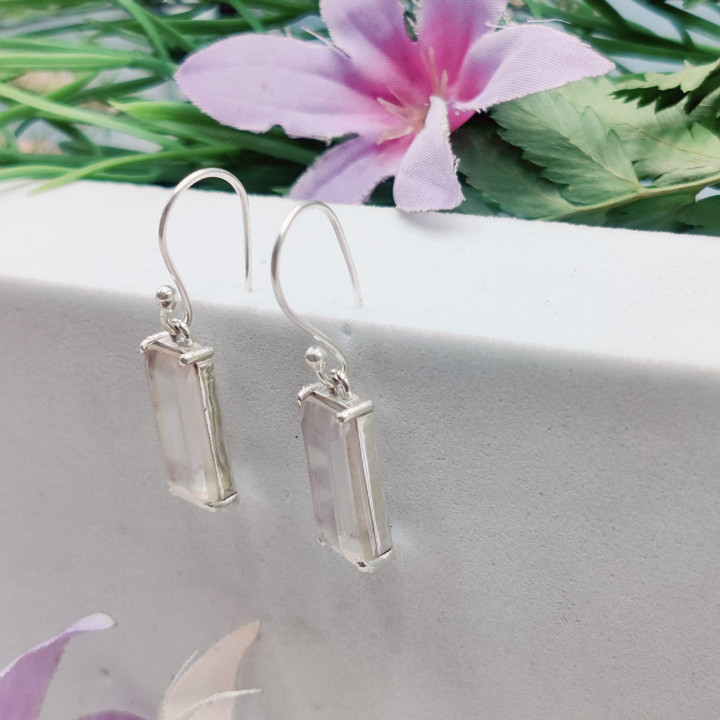 Gulroz: Rose Quartz Rectangle Hook Earrings