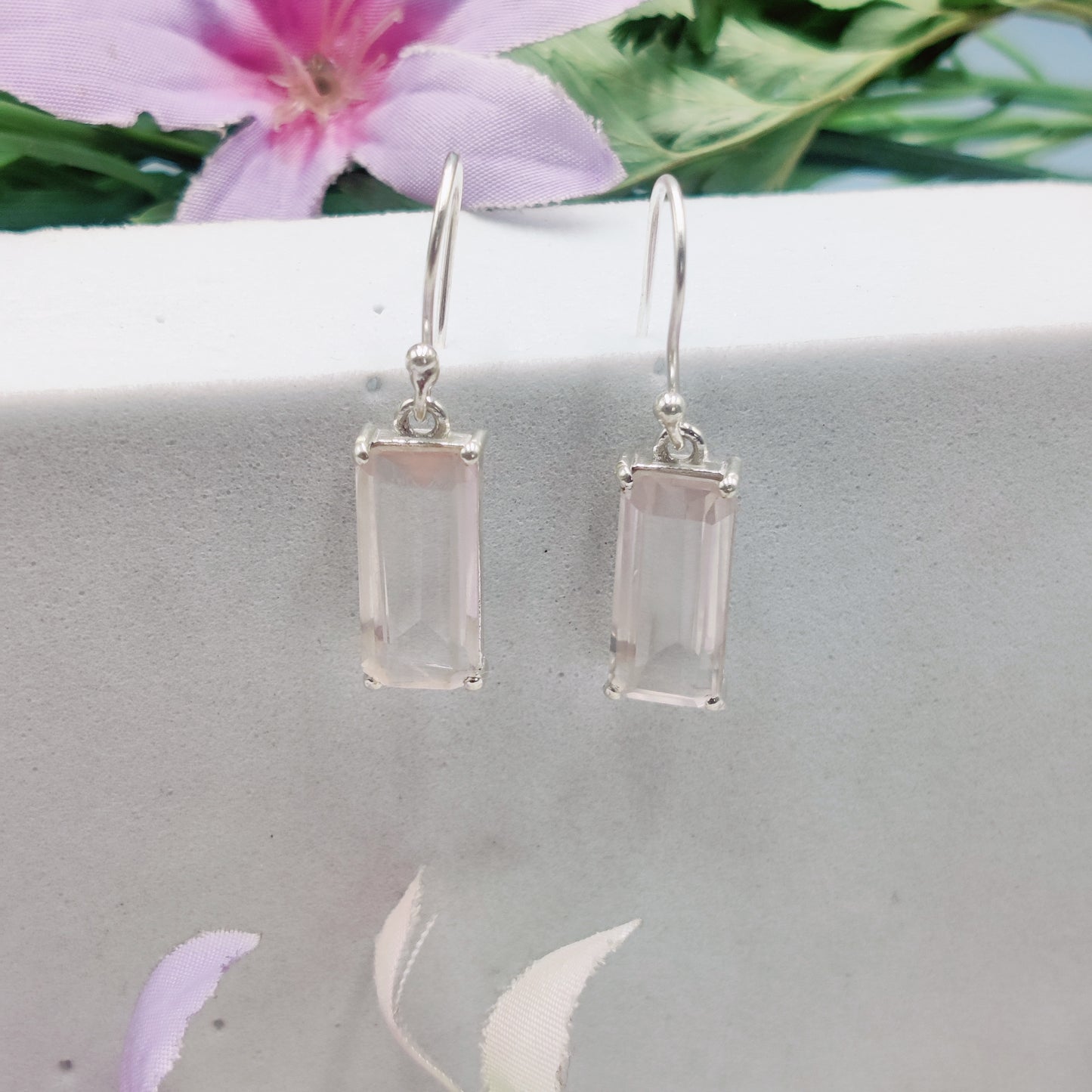 Gulroz: Rose Quartz Rectangle Hook Earrings