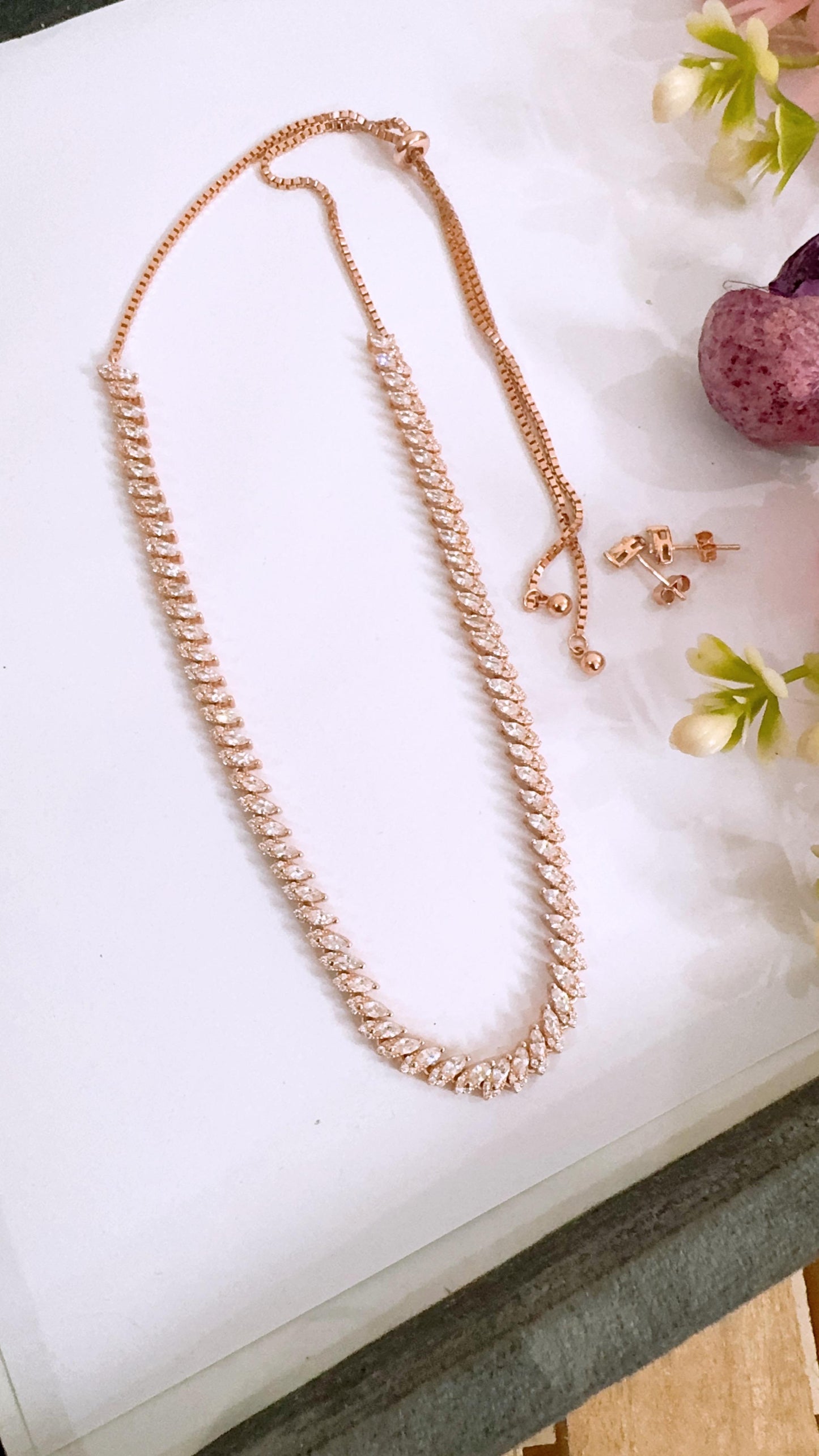 CZ Diamond-Shaped Solitaire Necklace Set in Rose Gold-Plated