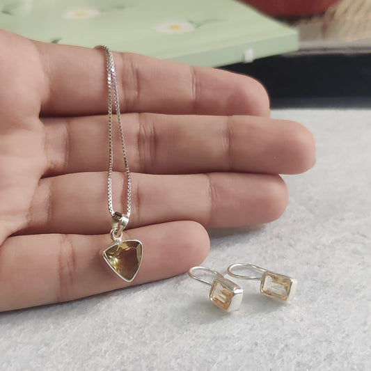 Citrine Stone Silver Pendant & Earring Set – 925 Hallmarked