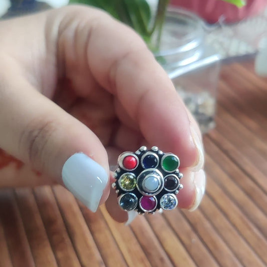 Navratna Gemstone Ring in pure silver,