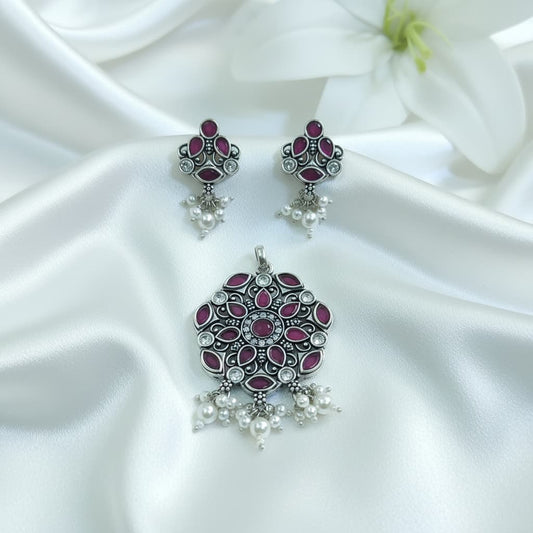 Handcrafted Floral Polki Ruby Pendant Set in Sterling Silver