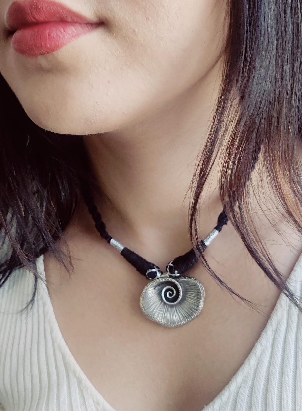 Elegant Handcrafted Silver Pendant with Black Thread Necklace