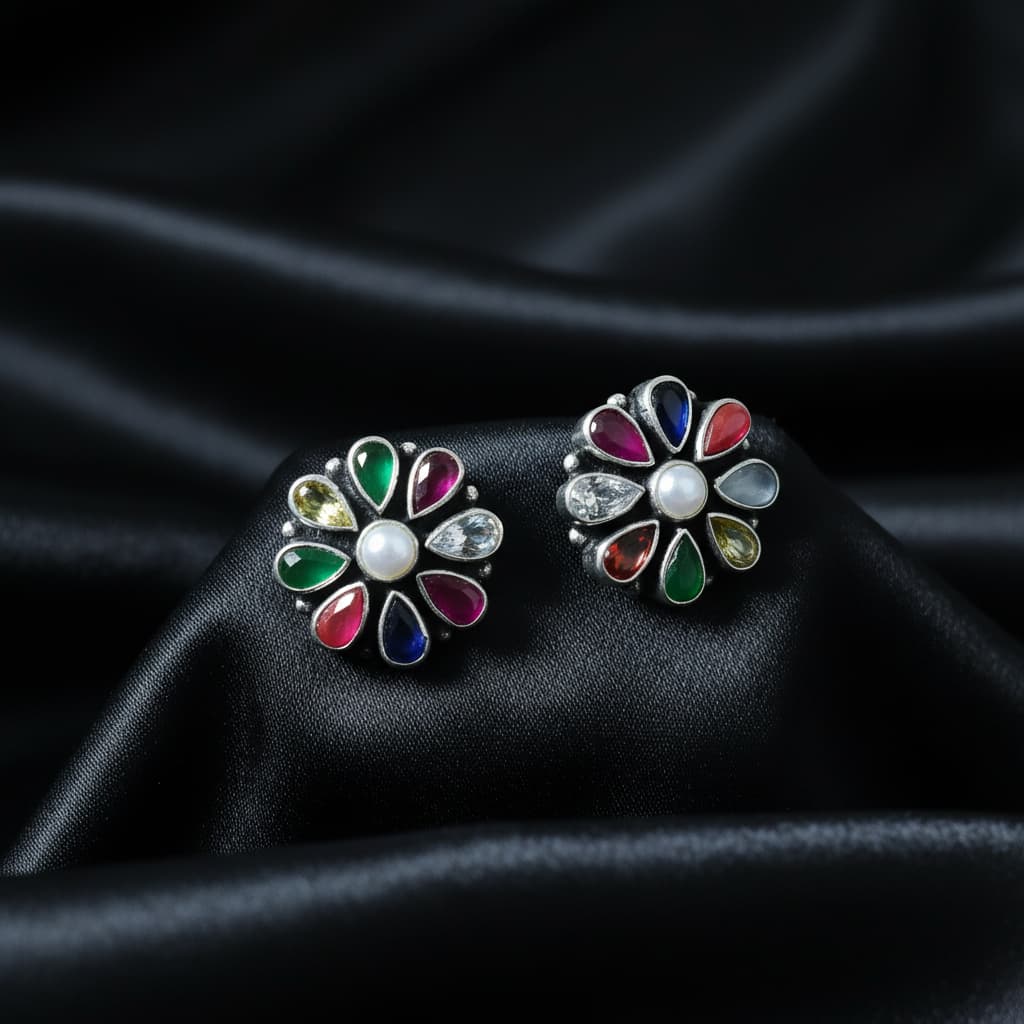 Navratna Gemstone Stud Earrings