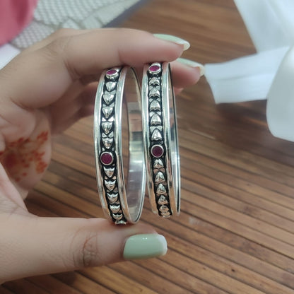 Oxidized Silver Bangles with Red Stone Detailing