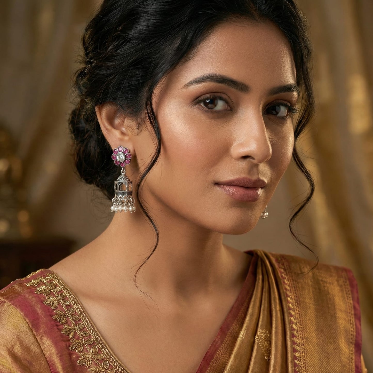 Handcrafted Floral Ruby Jhumkas in 925 Sterling Silver