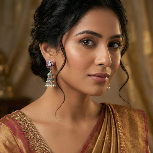 Handcrafted Floral Ruby Jhumkas in 925 Sterling Silver