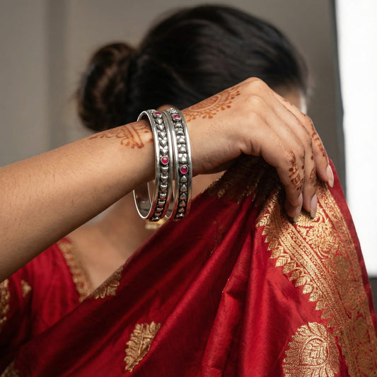 Oxidized Silver Bangles with Red Stone Detailing