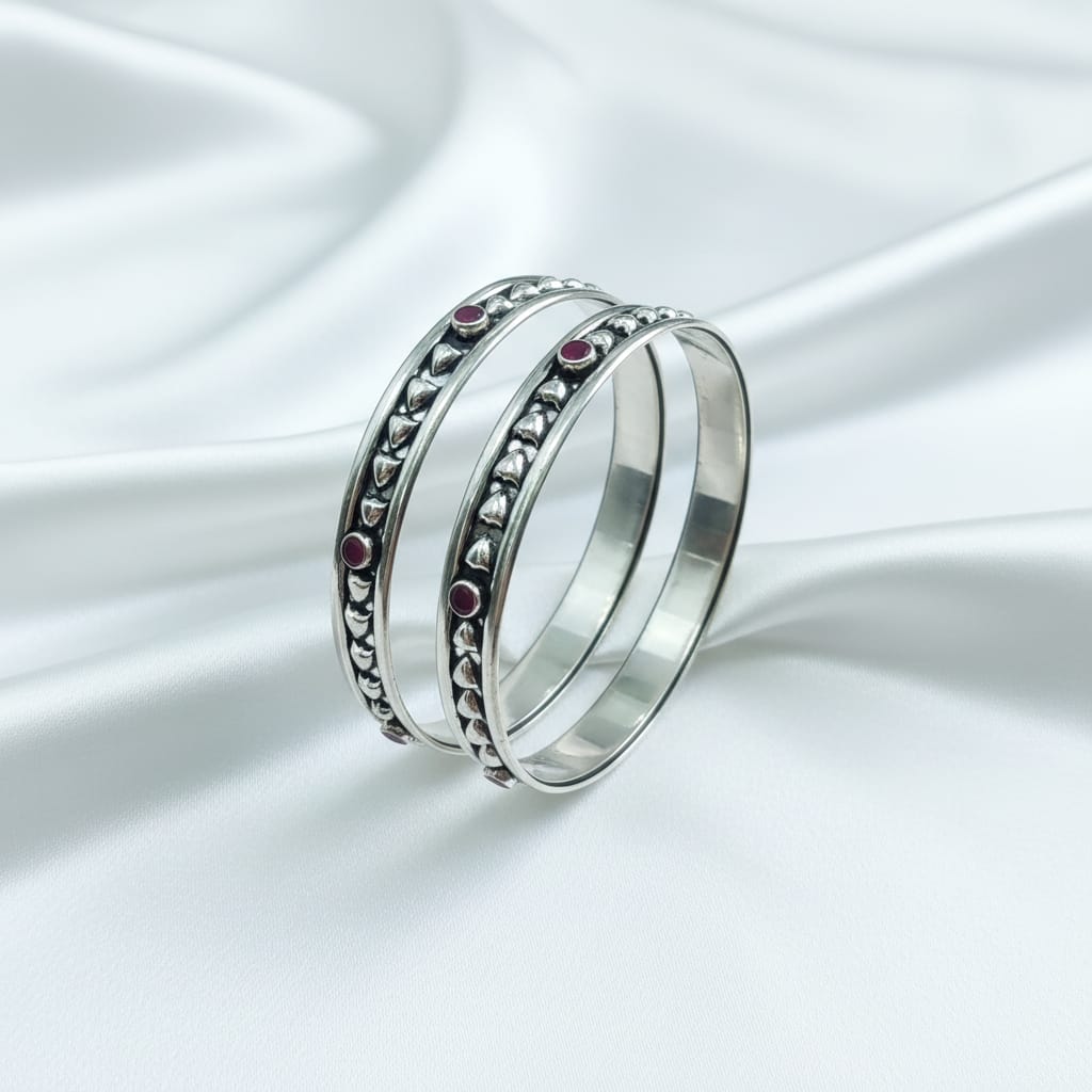 Oxidized Silver Bangles with Red Stone Detailing