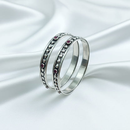 Oxidized Silver Bangles with Red Stone Detailing
