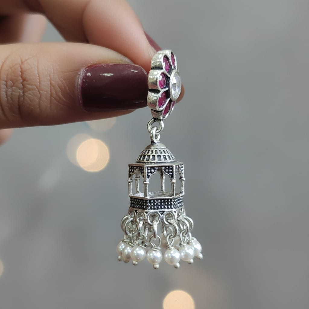 Handcrafted Floral Ruby Jhumkas in 925 Sterling Silver