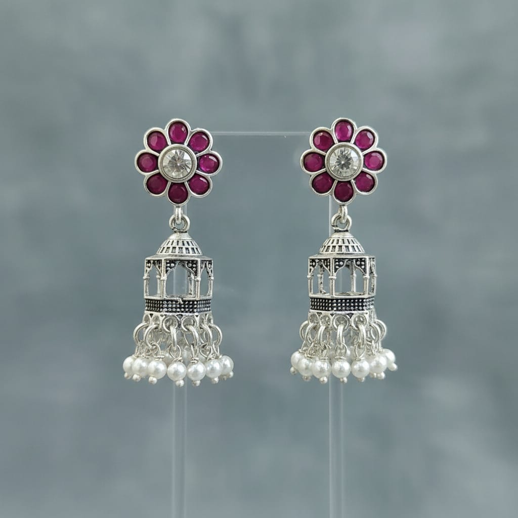 Handcrafted Floral Ruby Jhumkas in 925 Sterling Silver