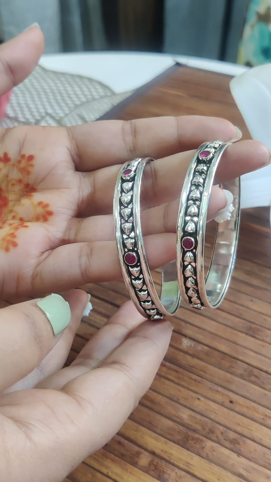 Oxidized Silver Bangles with Red Stone Detailing