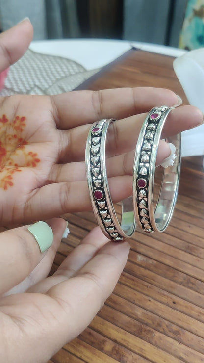Oxidized Silver Bangles with Red Stone Detailing
